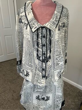 Women's Newspaper Print Tunic Top with Tie Neck - Black on Cream